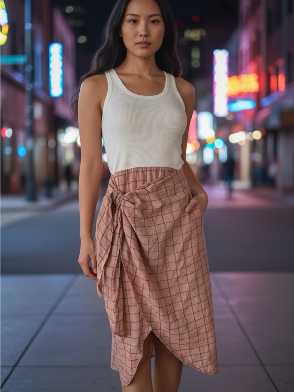 Zara Rose-Tan Checked Wrap Midi Dress
